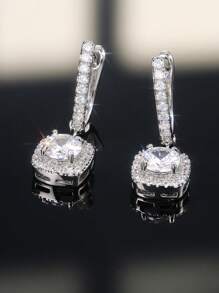 1 Đôi bông tai khoen hình học lấp lánh đính đá Zirconia, trang sức nữ, bông tai tinh tế bằng bạc sterling 925, trang sức cao cấp, quà tặng trang trí tiệc. - Bạc - Xem 8