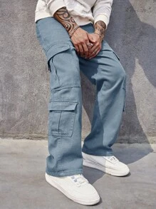 Herren Jeans-Optik Stretch Cargo Cargohose, gerades Bein