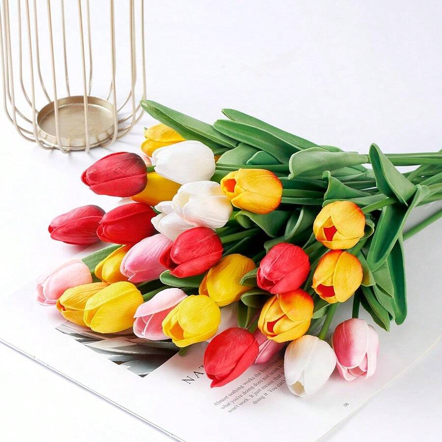 1/5/10/30PCS PU Artificial Tulip Plastic Flowers Bouquet Mother's Day Gifts Birthday Party Decoration Wedding Flower Basket Bride Holding Flowers Home Decoration Dining Room Bedroom Windowsill Vase Decoration New Year Decoration Outdoor Garden Start Of School Season