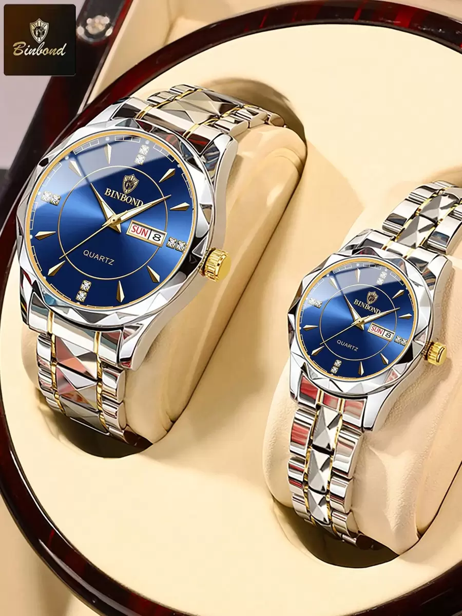 BINBOND 2PCS Couple Quartz Watch Roman Numeral Fashion Stainless Steel Waterproof Men Wristwatch Women Lovers Watches Valentine's Day Gift For Lovers - Blue - View 1