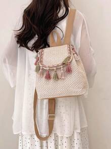 New Fashionable Fringe Design Straw Backpack, Versatile Woven Bag For Beach Vacation - Beige - View 8