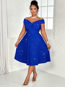 大码女士性感纯色扭结露肩露背亮片A字连衣裙，适合派对、鸡尾酒会、圣诞节、情人节等场合。 - 寶藍色 - 查看 5