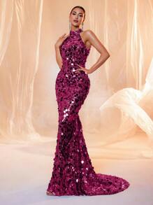 Fuchsia Sleeveless Backless Sequin Maxi Party Dress, Formal, Gown, For Evening, Wedding Guest - Hot Pink - View 1