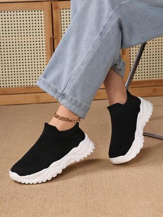 Women's Fashion Platform Knit Solid Color Sock Shoes, Casual Versatile Lightweight Sneakers