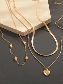 3 Pcs/Set Exquisite Heart-Shaped Pendant Necklace For Women. Small Snake Bone Chain Stacking Design. More Layered Matching. Suitable For Daily Travel. Birthday Gift.