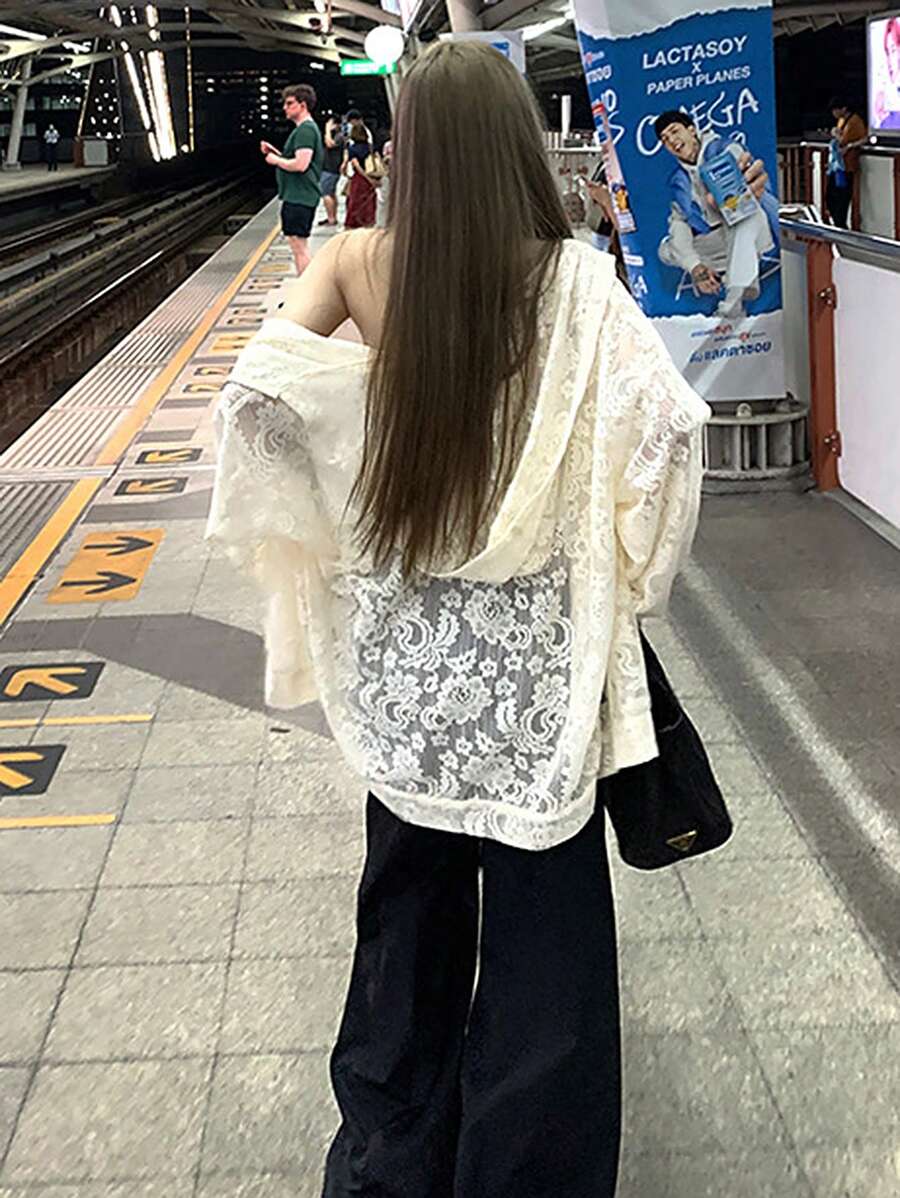 法式蕾丝拉链连帽轻便长袖外套，春夏季宽松休闲上衣 - 杏色 - 查看 1