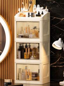 1-Set 3-Layer Crown Design Foldable Drawers Makeup Organizer Box, Cream White Color, Suitable For Cosmetics, Lipsticks, Skincare Products, Desk Top Storage, Thickened & Enlarged Easy To Carry