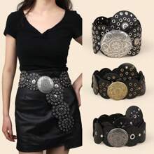 1 pièce Ceinture de taille rétro noire pour femmes, style occidental bohème, avec œillets métalliques et boucle vintage. Accessoire mode pour robes, convient pour la Saint-Valentin, le carnaval, les festivals de musique, la Fête des mères, Noël, les fêtes et les occasions décontractées