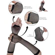 زوج من القفازات الشبكية الطويلة بدون أصابع، أكمام شبكية للذراع، إكسسوارات لأزياء الحفلات والتنكر في الثمانينات للنساء والفتيات، ملابس خريفية للنساء