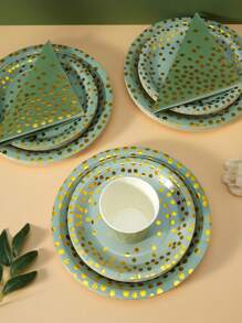 25 件鼠尾草绿和金色派对用品套装，一次性盘子、杯子和餐巾，适用于生日、婚礼、派对餐具 - 彩色 - 查看 3