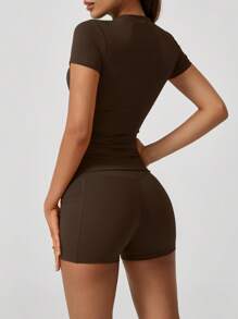 NcmRyu 女士纯色简约弹力无缝短袖短裤运动套装