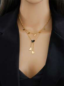 Double-Layer Heart Pendant Choker Necklace - Stainless Steel, Shell Accent, Sexy Simple Style, No Plating, Tassel Detail, For Daily And Party WearDouble-Layer Heart Pendant Choker Necklace - Stainless Steel, Shell Accent, Sexy Simple Style, No Plating, Tassel Detail, For Daily And Party Wear