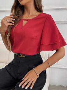 Women Simple Elegant Versatile Solid Color Short Sleeve Blouse, Minimalist Fashion Suitable For Summer - Red - View 3