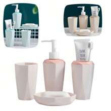 时尚简约几何浴室洗漱用品套装 - 多功能设计，包含牙刷杯、香皂盒、洗手液瓶、牙膏架等多功能家居收纳和装饰用品，适合居家和酒店使用。材质实用性极佳，现代简约风格彰显品味。是打造个性化浴室的必备单品。组合设计让生活更井然有序。是家居升级的最佳选择！ 夏季家居浴室装饰