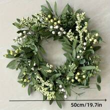 Latest 19.69inch Spring Artificial Pomegranate Olive Grape Leaf Wreath, Green, Classic Plastic, With Floral Garland, For DIY Decoration, Front Door, Wall, Wedding, Party, Home - 綠色 - 查看 5