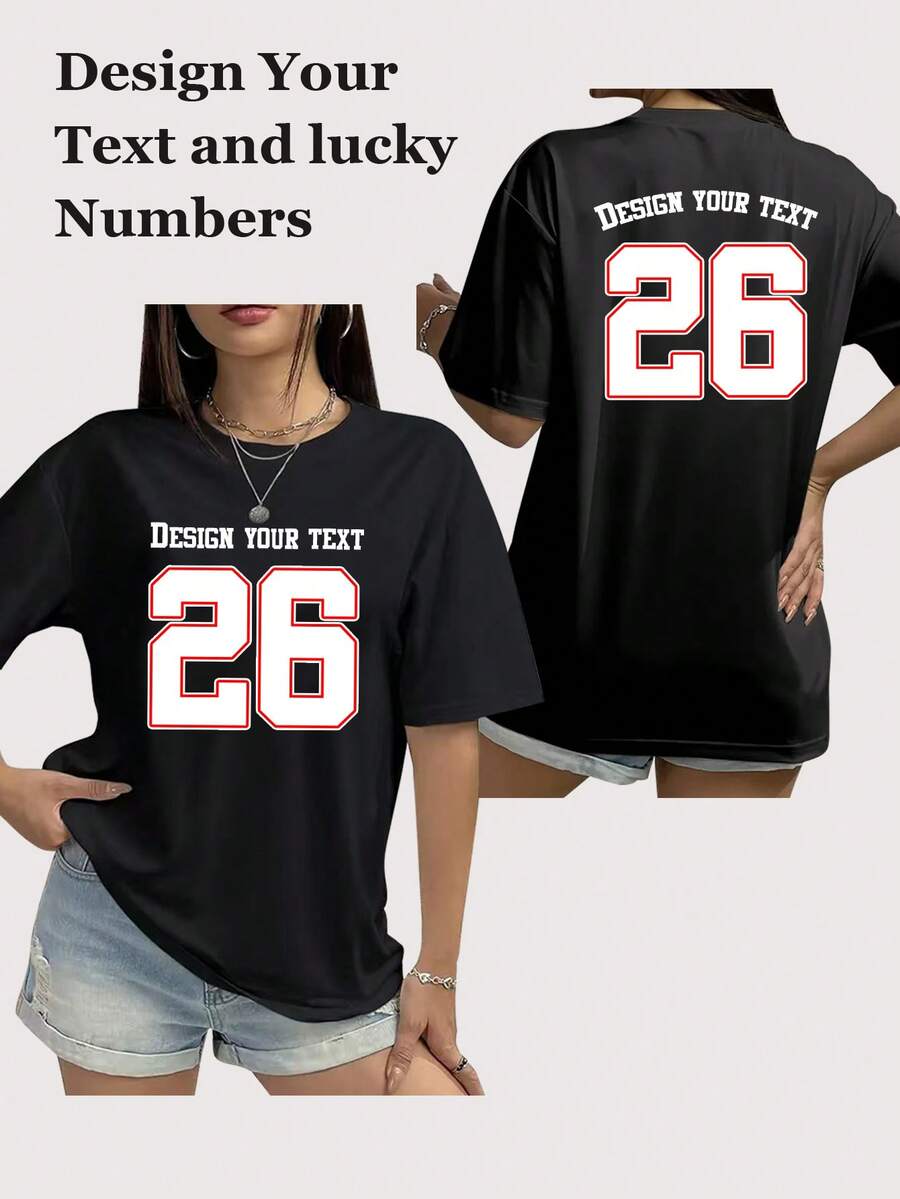 Personalized Customized Women Oversize T-Shirt - Jersey Lucky Number Custom - Add Your Text/Name/Lucky Number/Athlete Number/Design Your Own Personalized Printed T-Shirt For Party, Watch Ball Game With Friends, Team Uniform