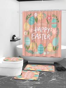 Conjunto de 4 piezas de elementos de Pascua para el baño: Cortina de ducha, alfombra de baño, tapa de inodoro, alfombra en forma de U. Cortina de ducha impermeable de poliéster con ganchos, juego de alfombras de baño antideslizantes, decoración de hogar de Pascua