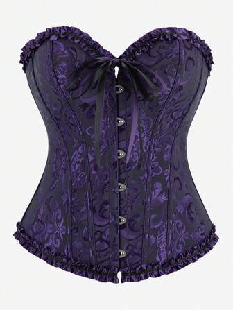 紫色束胸紧身胸衣，经典复古腰部训练器，无肩带荷叶边装饰紧身衣，紧身塑身衣，露背瘦身服装上衣，适合万圣节