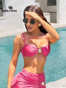 3件套纯色高腰比基尼套装女士性感高开叉夏季沙滩度假长裙欧美风