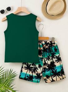 Conjunto de chaleco y pantalones cortos de niños pequeños con estampado de árbol de coco y dibujos animados, traje casual de poliéster adecuado para exteriores, verano