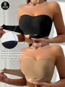 2-Piece Women's Multi-Color Ribbed Front Closure Bras, Padded Wireless Front Clasp Bras, Strapless Bras - Multicolor - View 11