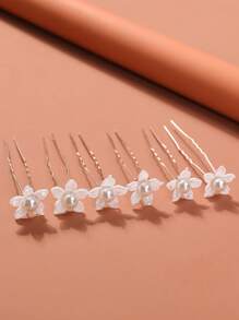 6件套新娘发饰 - 珍珠韩式发夹、发卡、发卡、U型发簪、发梳，适用于婚礼和情人节配饰 - 白色 - 查看 2