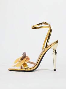 Sandalias de tacón alto con textura de flores 3D y orquídeas, material brillante, tacón delgado metálico, elegantes para fiestas nocturnas, banquetes, moda de celebridades al aire libre, zapatos para mujer color dorado