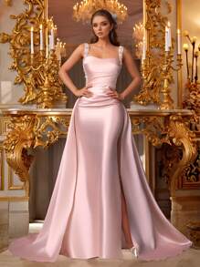 VIPGIRL Vestido de satén sin mangas con drapeado en color rosa champán, con tirantes de lentejuelas y cola larga. Vestido formal elegante de sirena para mujeres, vestidos de graduación, vestidos de noche, vestidos de invitada de boda, lujoso y glamoroso vestido de gala