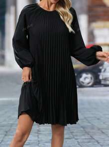 Robe midi élégante à manches longues plissée, col rond, décontractée, de vacances, de lune de miel, avec froncis pour femmes, grande taille (ceinture non incluse), printemps/été