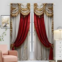 2pcs European Palace Style Curtains, 3D Digital Printing With Luxurious Red And Gold Patterns, Suitable For Living Room And Bedroom, Creating A Dignified And Elegant Atmosphere - Multicolor - View 12