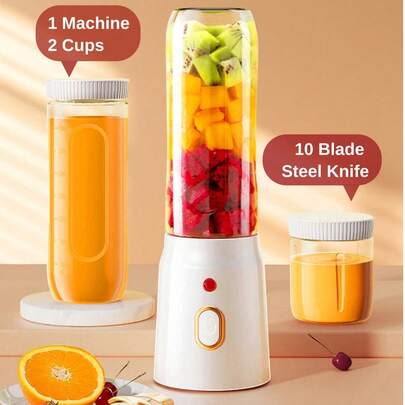 450ml Licuadora eléctrica portátil, diseño de vaso para batidos, recargable por USB, multifuncional para uso doméstico, incluye 2 vasos pequeños para jugo, mini vaso inalámbrico para jugo, larga duración de la batería, adecuado para la cocina, el hogar y la licuadora de frutas para viajes