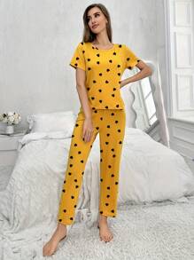 Pijama informal de 2 piezas con estampado de corazones para mujer, top de manga corta y cuello redondo y pantalones, conjunto de ropa de dormir de verano para vacaciones