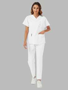 2pcs/Set V-Neck Pocket Short Sleeve Top & Pants Casual Scrub Set - White - View 6