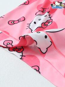 2pcs Set Licensed Sanrio Hello Kitty Print Lapel Short Sleeve Button Pocket Top And Bow Shorts Pajama Loungewear Set, For Home Use, Spring/Summer - Hot Pink - View 7