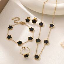 4pcs Stainless Steel 5 Petals Flower Jewelry Set: 1 Necklace + 1 Bracelet + 2 Earrings, Elegant & Fashion For Women Valentines,Mom,Mother,Mother's Day,Gift