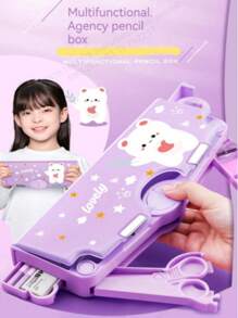 1个卡通多功能笔盒，创意双层机制大容量笔盒，款式随机发货。内置多个隔层，可容纳多支笔，内含剪刀、卷笔刀、橡皮擦等。开学必备用品