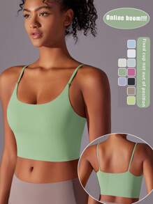 1pc Women Green Spaghetti Strap Camisole, Backless Yoga Tops, Adjustable Chest Pads Sexy Criss-Cross Back Bras