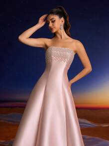 Anymoon 女士高腰长款晚礼服，胸前饰有仿珍珠水钻，适合派对、正式场合和婚礼宾客穿着。春季优雅派对粉色 - 粉色 - 查看 9