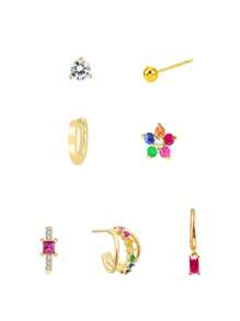 7 stuks/set (voor 1 zijde) Modieuze multi-color vergulde zirkonia oorbellen, creolen, oorbellen met hangers sieradenset voor vrouwen, geschikt voor dagelijks gebruik, feest, festival