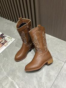 Kids Western Embroidered Cowboy Boots, New Simple Style Boys/Girls Boots, Retro Mid-Calf Versatile Riding Boots, Suitable For All Seasons