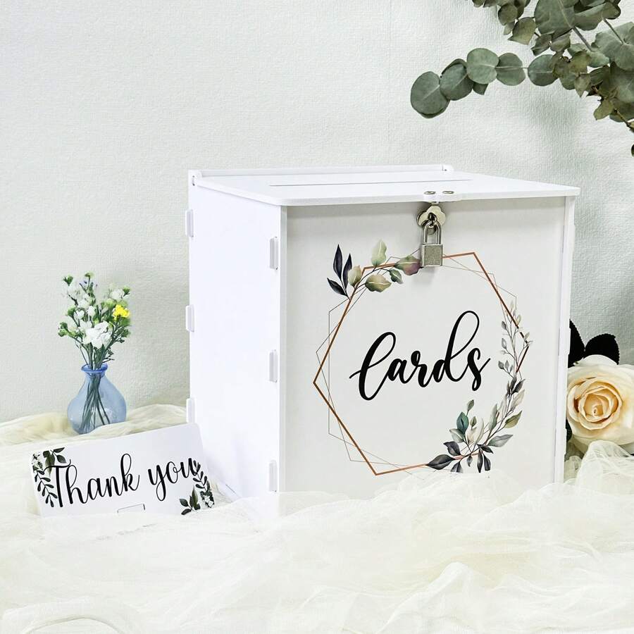 White Wedding Card Box With Lock, PVC Gift Card Box For Wedding Reception, Eucalyptus DIY Wedding Envelope Money Card Box For Party Graduation Birthday Shower Decorations - White - View 1