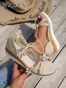 WRCVS Sandale de damă bej Sandale cu curea țesute Platformă cu pană Fundă din frânghie Fabricate manual țesute cu margele Sandale espadrille în stil boho, ocazional, ușoare - Bej - Vizualizare 2