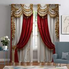 2pcs European Palace Style Curtains, 3D Digital Printing With Luxurious Red And Gold Patterns, Suitable For Living Room And Bedroom, Creating A Dignified And Elegant Atmosphere - Multicolor - View 14