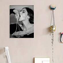 Framed  Black & White Woman Enjoying Pasta Canvas Art Print -  Wall Decor For Living Room, Bedroom, Hallway | Includes Hanging Hardware | Perfect Gift Idea, Perfect For Room Decor
