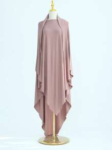 1 件穆斯林女性长袍带头巾，花袖设计，褶皱面料，宽松舒适，适合穆斯林女性日常穿着、祈祷、迪拜时尚、端庄