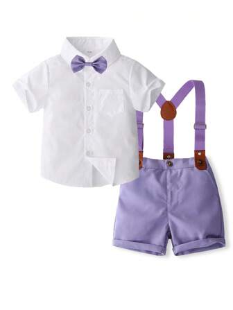 2 件套男童绅士派对服装 - 白色短袖衬衫和紫色裤子，配吊带和蝴蝶结，时尚年轻男孩派对服装