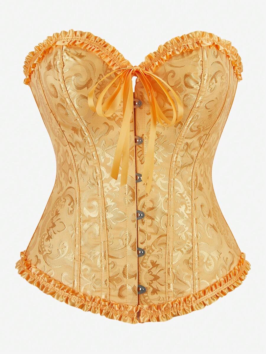 Classic Overbust Corset Bustier, Strapless Sweet Fitted Boned Bodysuit, Ruffle Trim Waist Cincher Tops, Suitable For Masquerade, Halloween, Yellow - Vàng - Xem 1