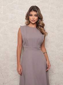 Long Plain Dress For Social Wedding In Tailored Fabric, Sleeveless Elegant - Màu Xám nhạt - Xem 5