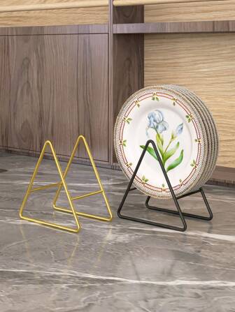 1 pieza Estante de escurridor con forma triangular, de color dorado y negro, tapete resistente al calor, soporte de almacenamiento, escurreplatos de bambú - Adecuado para el almacenamiento en la cocina y el comedor, útiles escolares