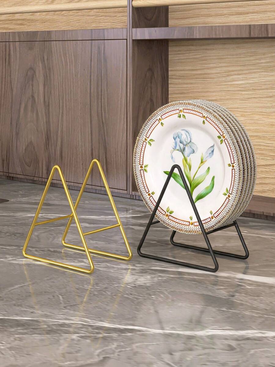 1pc Triangle Shaped Draining Rack, Gold & Black Color, Heat-Proof Mat, Storage Holder, Bamboo Dish Drying Rack - Suitable For Kitchen & Dining Room Storage, Back To School Supplies